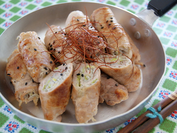 豚肉のねぎじゃこ巻きソテー