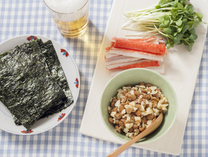 帆立醤油バター味チーズと納豆のタルタル手巻きロール